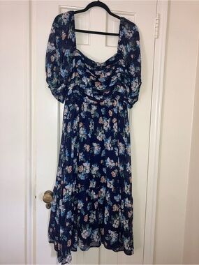 LC Lauren Conrad Navy Floral Puff-Sleeve Midi Dress